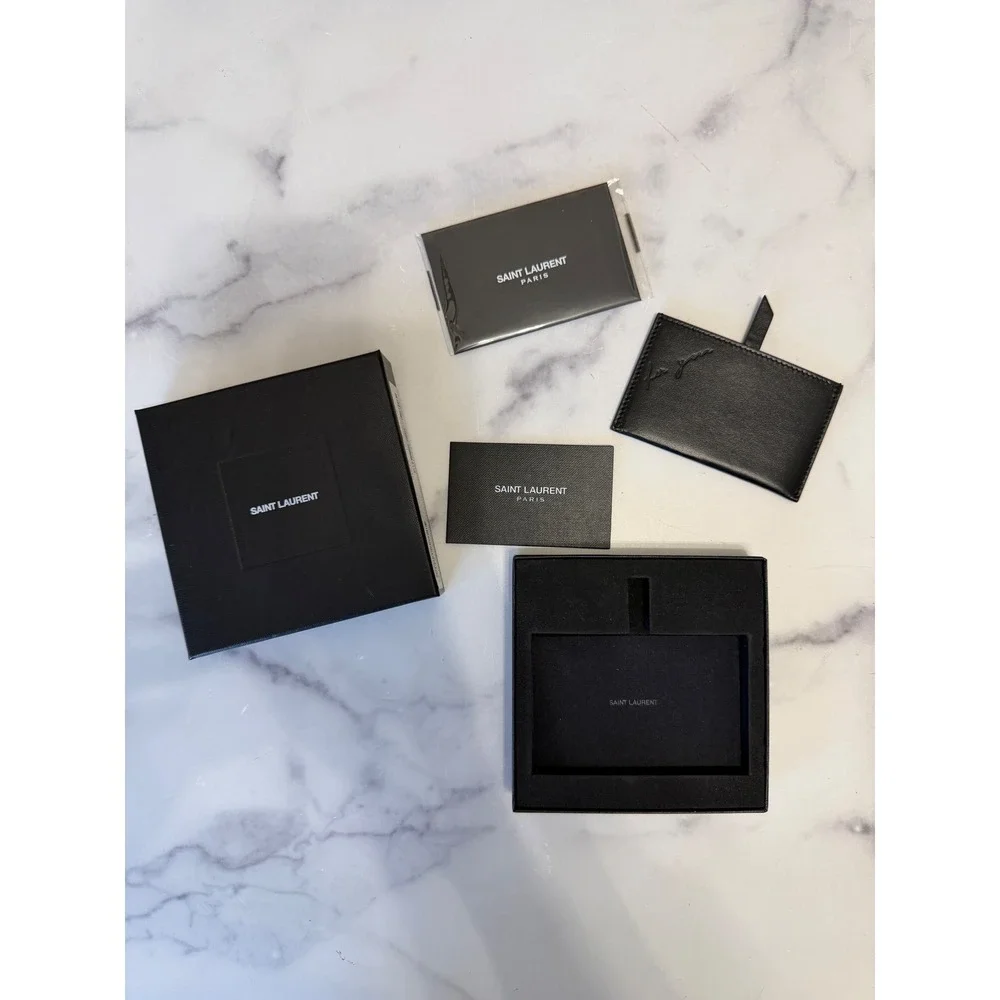 YSL Saint Laurent Paris Leather Card Holder Black Mirror Case Business Luxury